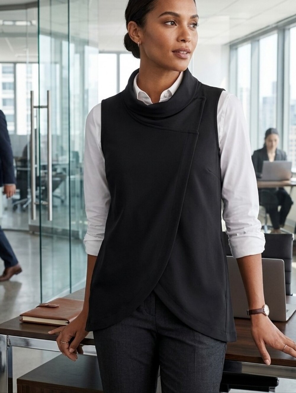 Joe Fresh Active,  Medium Black Sleeveless Draped Tulip-Front Top, Cover Up.